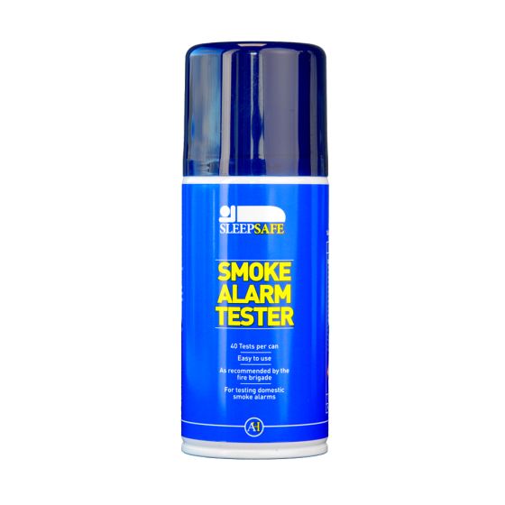 Stående front med logo, hel boks av SleepSafe røyktester til røykvarslere/brannalarmer