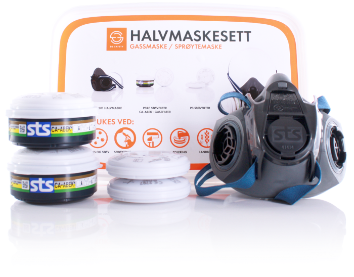 maskesett halvmaske og filter sett fra front gassmaske og støvmaske