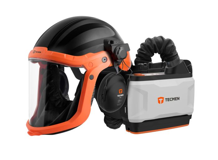 Tecmen komplett åndedrettsvern med viftemotor, slange, hjelm og hørselvern oransje og sort 